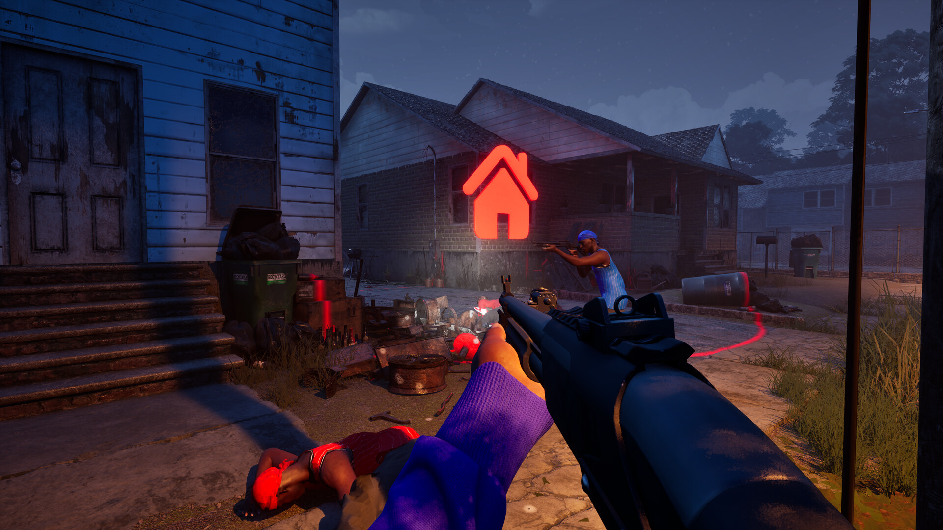 Official Hood Warfare 2 screenshot of a first-person encounter in a residential yard