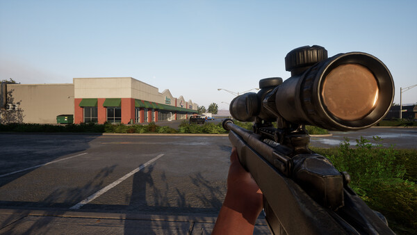 A scoped weapon viewed from first person outside a row of shops.